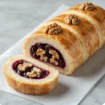 Рулет из песочного теста с вишнями и грецким орехом